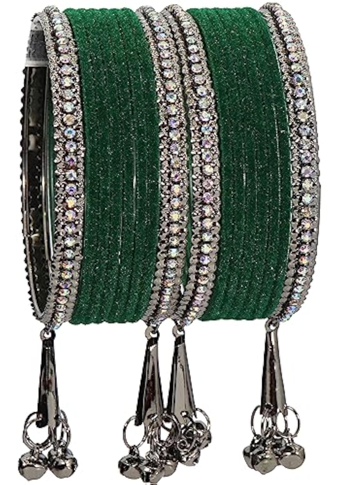 Zircon Gemstone Velvet Bells Bangles Set, F175_Grey